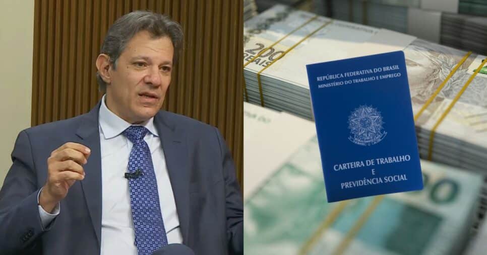 Fernando Haddad, notas de dinheiro e carteira de trabalho (Fotos: Reproduções / Globo / Canva)