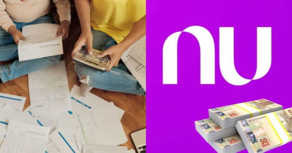 Ilustração de pessoas analisando dívidas, logo Nubank e notas de cinquenta reais (Fotos: Reproduções / Internet / Canva)