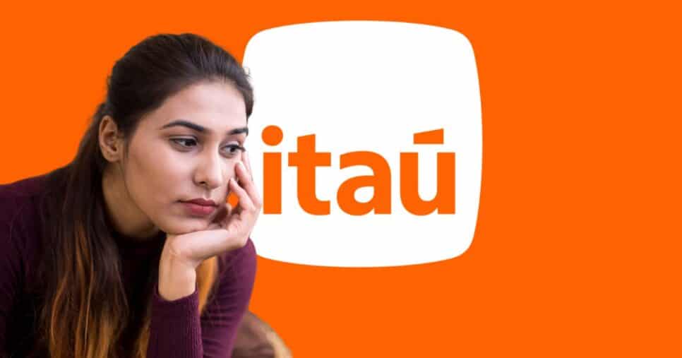 Mulher triste e logo do Itaú (Fotos: Reproduções / Internet / Canva)