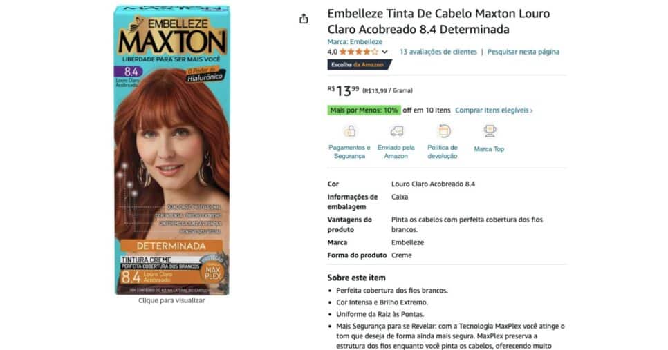 Embelleze Tinta de Cabelo Maxton Louro Claro Acobreado 8.4 (Amazon)