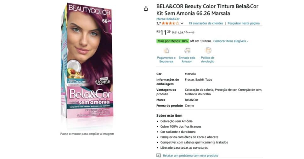 Bela&Cor Beauty Color Tintura Sem Amônia 66.26 Marsala (Amazon)