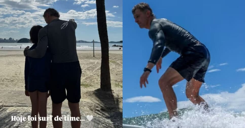 O empresário ao lado do seu filho surfando (Foto: Reprodução/Montagem TV Foco)