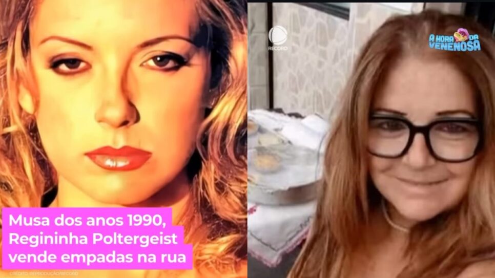 Regininha Poltergeist no auge do sucesso e ao lado vendendo empadas (Fotos: Reprodução/ R7/ Montagem)